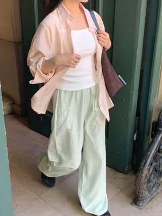 Seersucker striped elastic waist pants