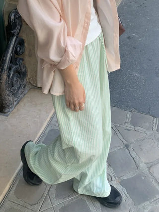 Seersucker striped elastic waist pants