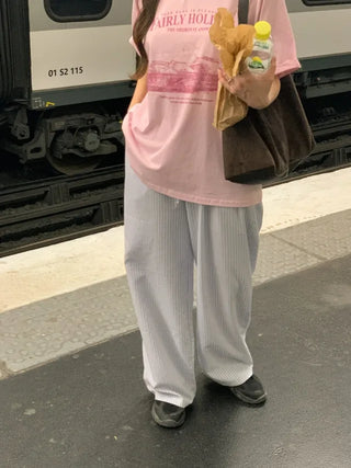Seersucker striped elastic waist pants