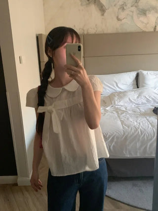 Ribbon puff shirred blouse