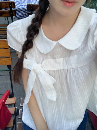 Ribbon puff shirred blouse