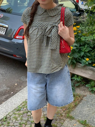 Ribbon puff shirred blouse