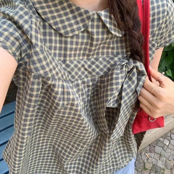 Ribbon puff shirred blouse