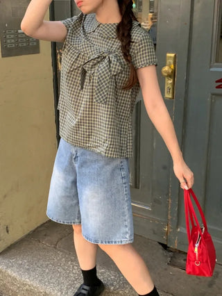 Ribbon puff shirred blouse