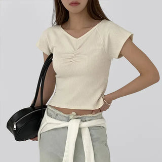 Jayna V-Neck Shirred Short Sleeve Tee