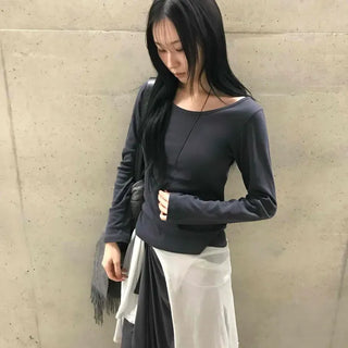 Bonata Slim Wide U-Neck Basic Long Sleeve T-Shirt