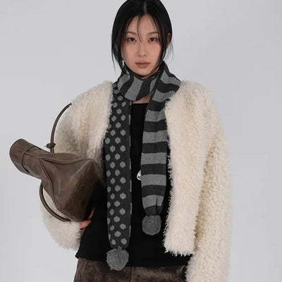 Aru Dot and Stripe Knit Pom-pom Scarf