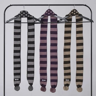 Aru Dot and Stripe Knit Pom-pom Scarf