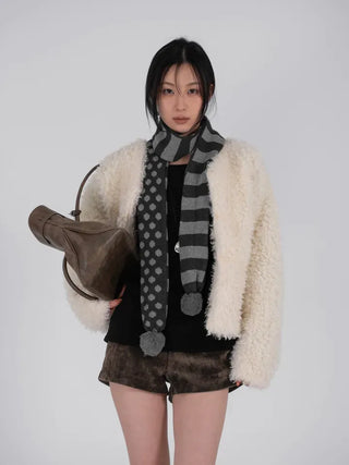 Aru Dot and Stripe Knit Pom-pom Scarf