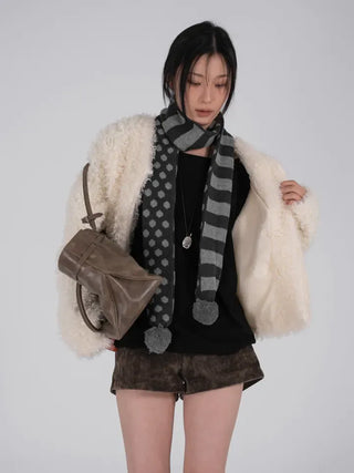 Aru Dot and Stripe Knit Pom-pom Scarf