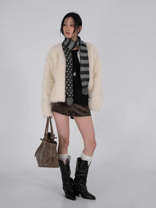 Aru Dot and Stripe Knit Pom-pom Scarf