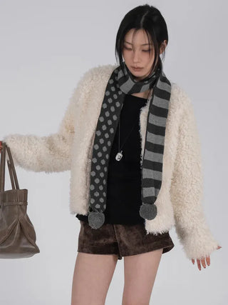 Aru Dot and Stripe Knit Pom-pom Scarf