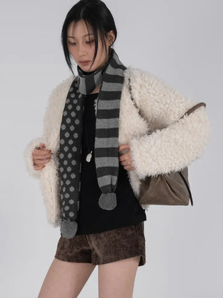 Aru Dot and Stripe Knit Pom-pom Scarf