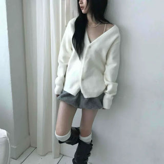 City Loose Fit Double Button V-Neck Knit Cardigan