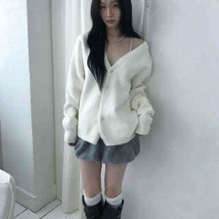 City Loose Fit Double Button V-Neck Knit Cardigan