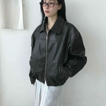 Classic Collar Banding Short Leather Bomber Jacket
