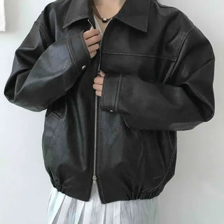 Classic Collar Banding Short Leather Bomber Jacket