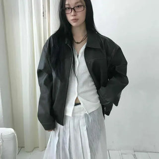 Classic Collar Banding Short Leather Bomber Jacket