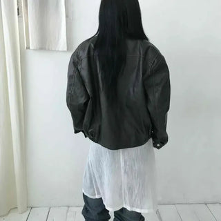 Classic Collar Banding Short Leather Bomber Jacket