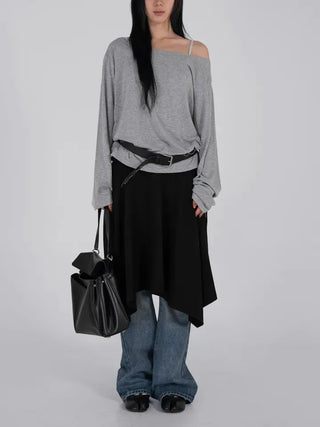 Loop Asymmetrical Layered Flare Sweat Midi Skirt