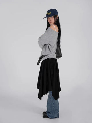 Loop Asymmetrical Layered Flare Sweat Midi Skirt