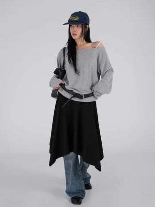 Loop Asymmetrical Layered Flare Sweat Midi Skirt