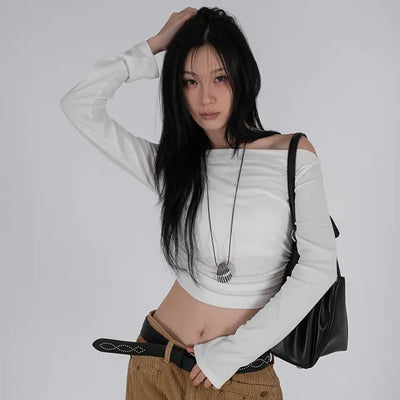 Meu Boat Neck Shirred Crop Long Sleeve T-Shirt
