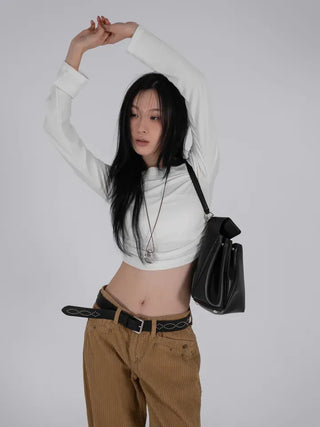 Meu Boat Neck Shirred Crop Long Sleeve T-Shirt
