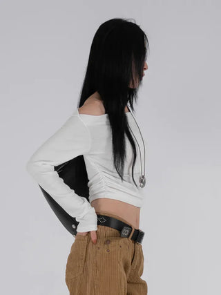 Meu Boat Neck Shirred Crop Long Sleeve T-Shirt