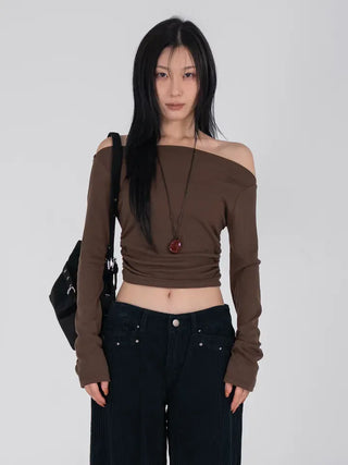 Meu Boat Neck Shirred Crop Long Sleeve T-Shirt