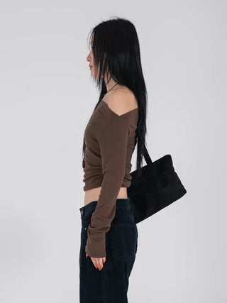 Meu Boat Neck Shirred Crop Long Sleeve T-Shirt