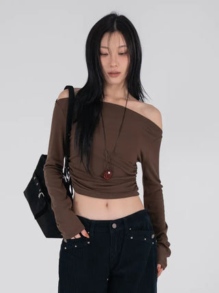 Meu Boat Neck Shirred Crop Long Sleeve T-Shirt