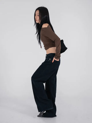 Meu Boat Neck Shirred Crop Long Sleeve T-Shirt