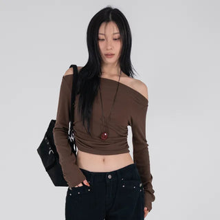 Meu Boat Neck Shirred Crop Long Sleeve T-Shirt