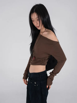 Meu Boat Neck Shirred Crop Long Sleeve T-Shirt