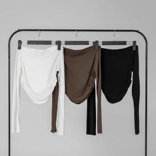 Meu Boat Neck Shirred Crop Long Sleeve T-Shirt