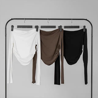Meu Boat Neck Shirred Crop Long Sleeve T-Shirt