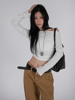 Meu Boat Neck Shirred Crop Long Sleeve T-Shirt