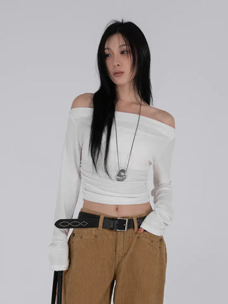 Meu Boat Neck Shirred Crop Long Sleeve T-Shirt