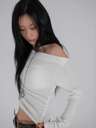 Meu Boat Neck Shirred Crop Long Sleeve T-Shirt