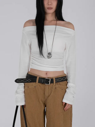 Meu Boat Neck Shirred Crop Long Sleeve T-Shirt