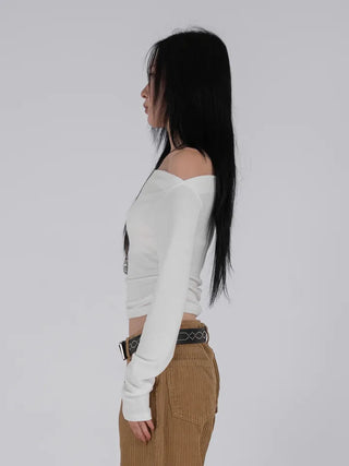 Meu Boat Neck Shirred Crop Long Sleeve T-Shirt