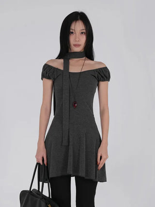 Robe Puff Off-Shoulder Scarf Dress Set