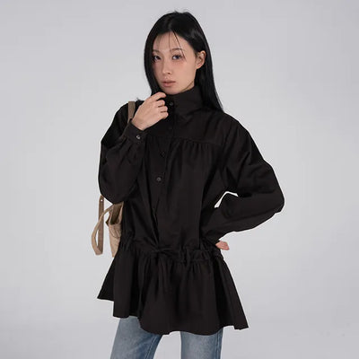 Solid High-Neck String Shirred Long Sleeve Dress