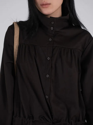 Solid High-Neck String Shirred Long Sleeve Dress
