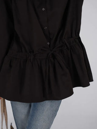 Solid High-Neck String Shirred Long Sleeve Dress