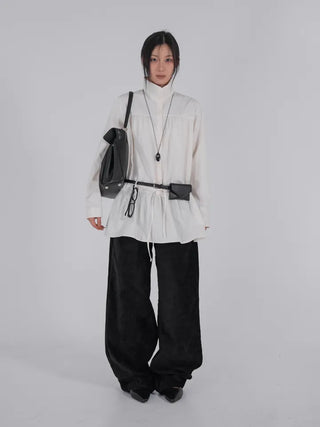 Solid High-Neck String Shirred Long Sleeve Dress