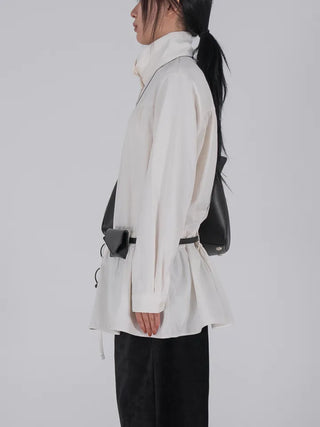 Solid High-Neck String Shirred Long Sleeve Dress