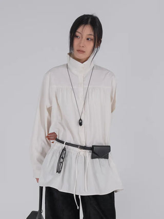 Solid High-Neck String Shirred Long Sleeve Dress