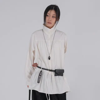 Solid High-Neck String Shirred Long Sleeve Dress